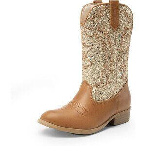 🆕Kids Gold/Brown Cowgirl Boots Girls Western Mid Calf Pull-On Riding Boots